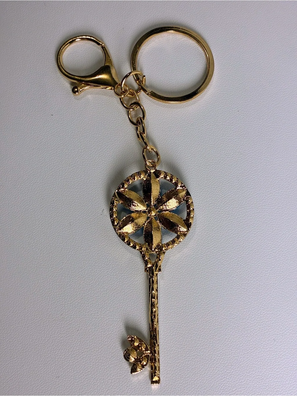 Gold Key Crystal Keychain with Bright Blue Flower Petals Accent New Without Tags